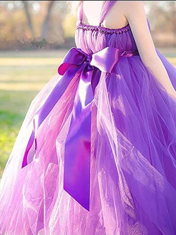 Princess Purple Ball Gown Square Neck Layers Tulle Flower Girl Dresses, Bowknot Baby Dresses STF15304