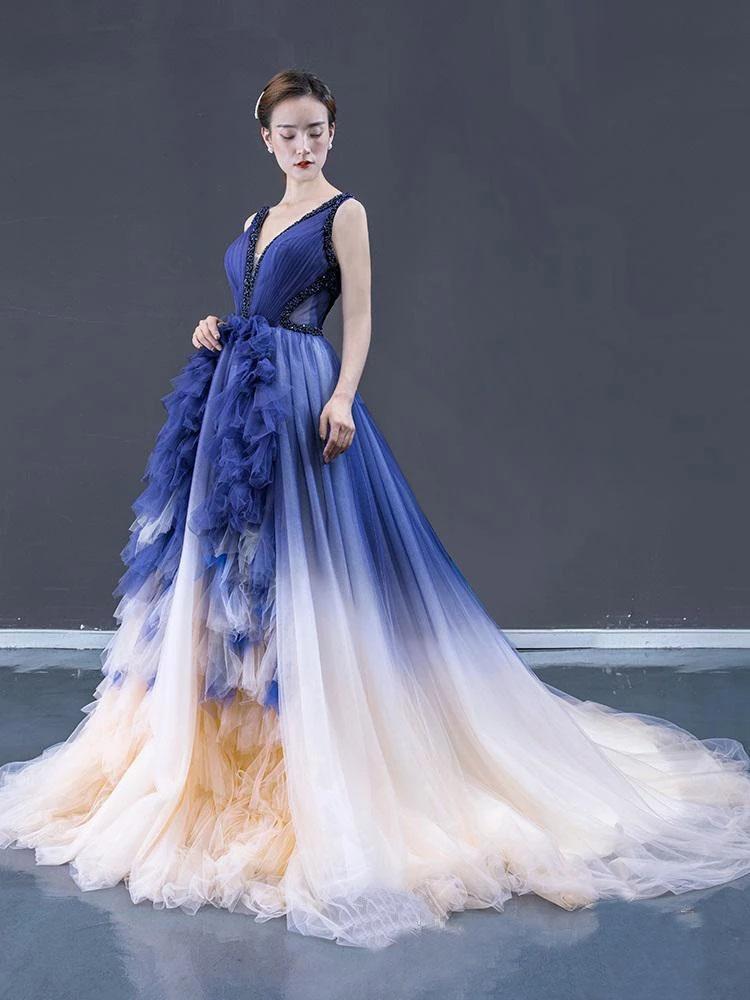 Ball Gown Ombre V Neck Tulle Royal Blue Long Prom Dresses, Quinceanera Dresses STF15067