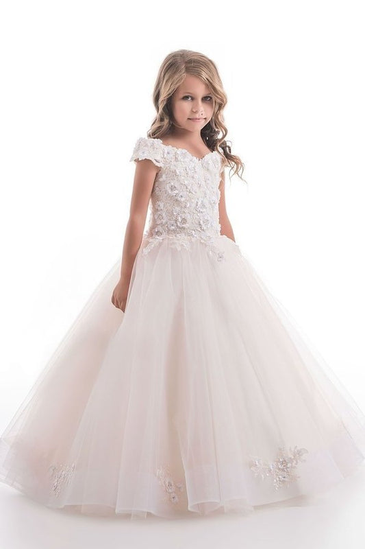 2024 Flower Girl Dresses Off The Shoulder Tulle With Applique P47D3KG7