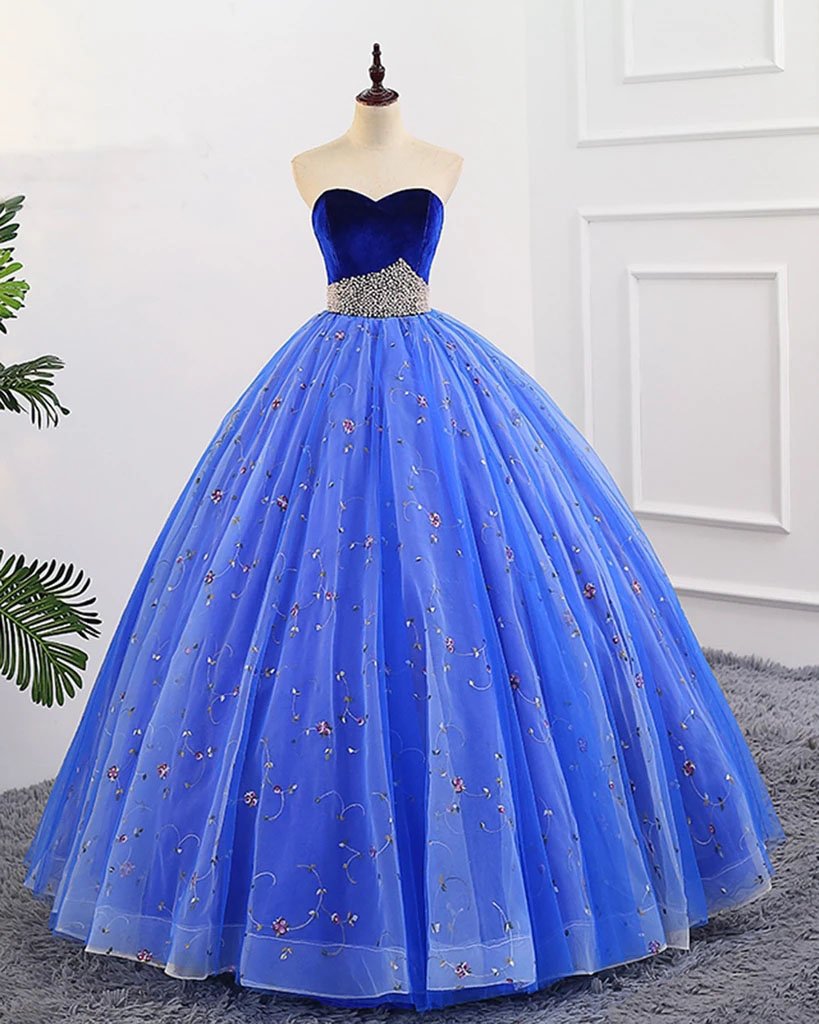 Ball Gown Sweetheart Strapless Blue Prom Dresses with Beading, Tulle Quinceanera Dresses STF15073