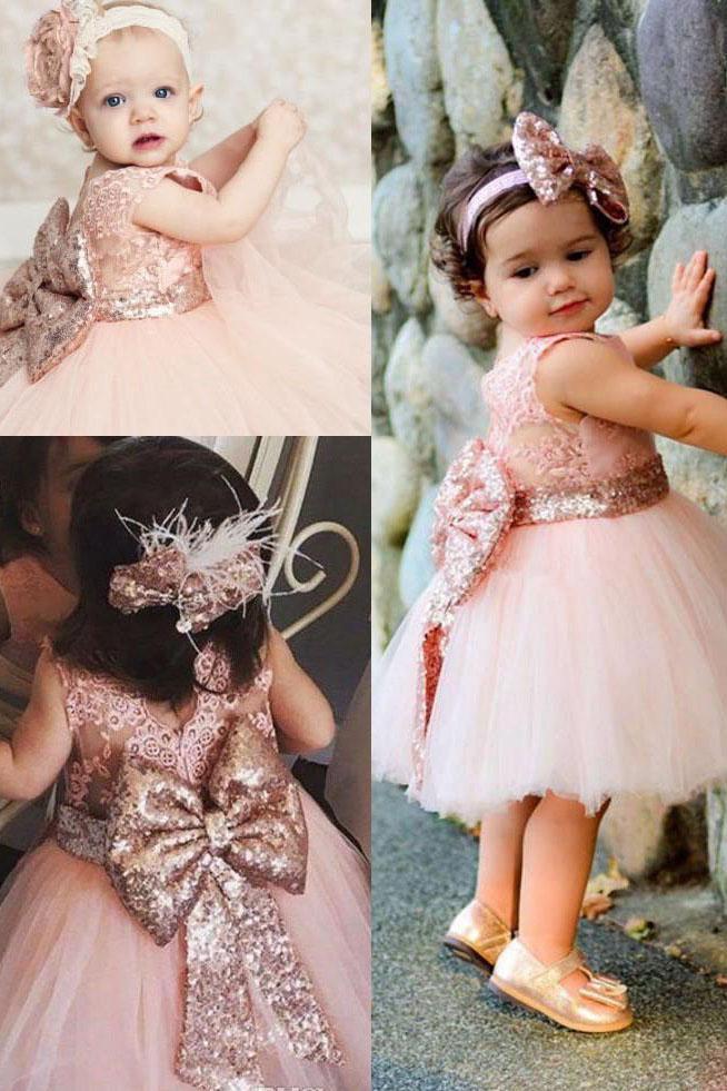 Cute Lace Pink V Back Flower Girl Dress with Bowknot, Round Neck Child Dresses STF15574