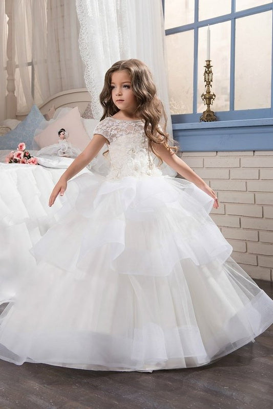 2024 Flower Girl Dresses Ball Gown Scoop Short Sleeves Tulle With PX1YGPSY