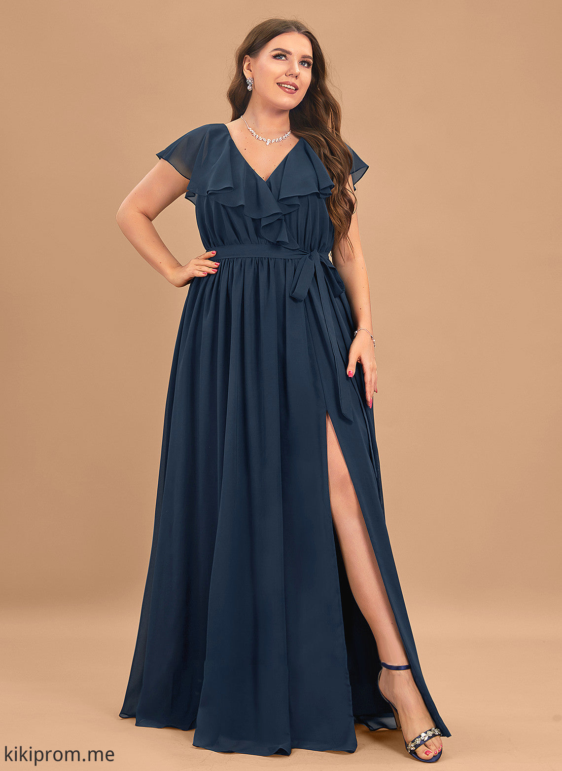 V-neck Chiffon With Split Bow(s) Floor-Length A-Line Prom Dresses Cascading Ruffles Front Sienna