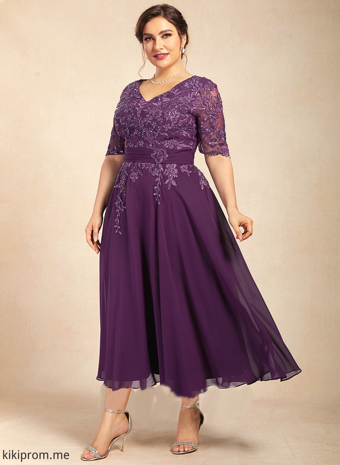 of Sequins Tea-Length V-neck Mother Mother of the Bride Dresses the Chiffon Adrienne A-Line Bride With Lace Dress