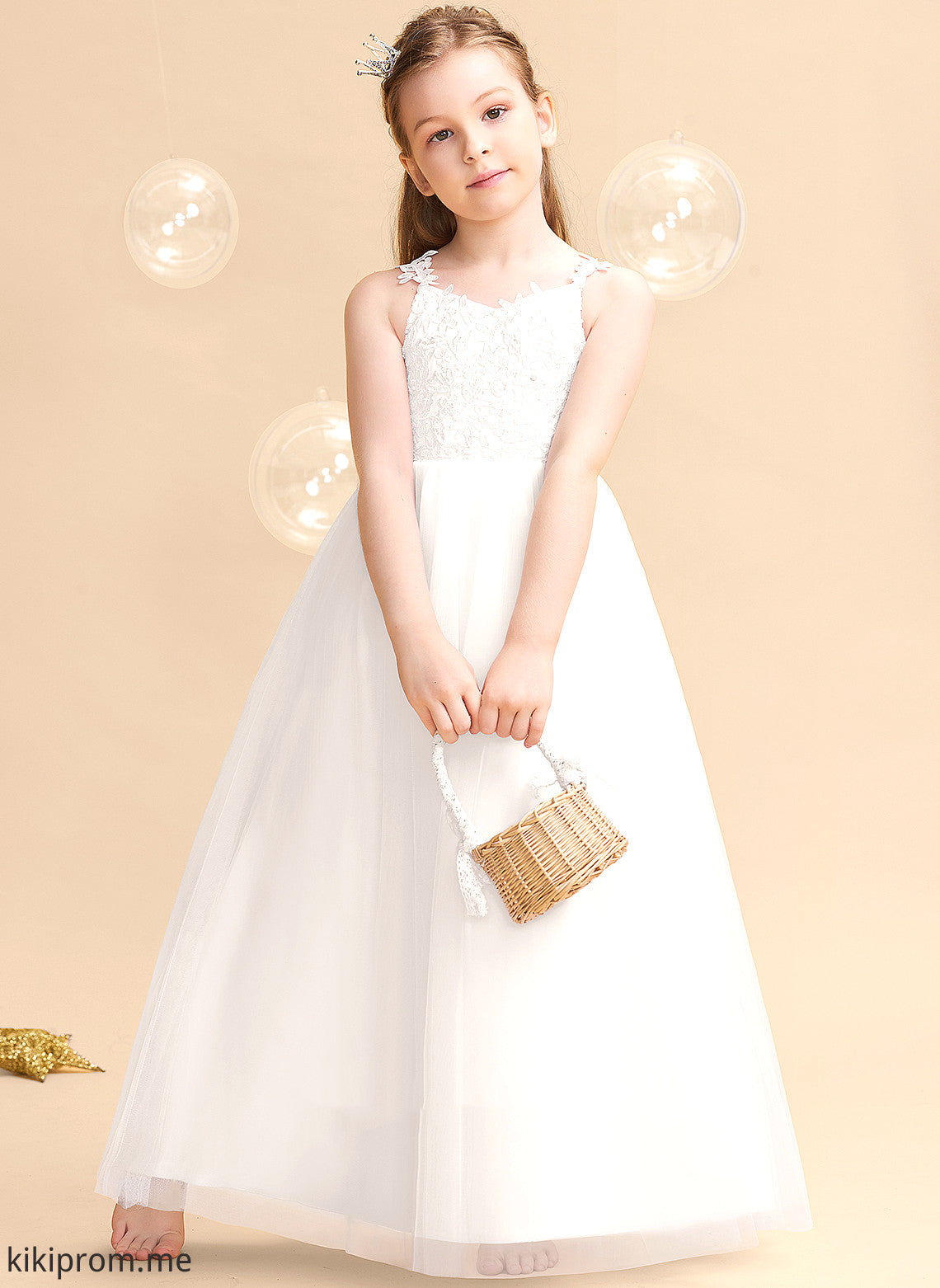 Girl Floor-length Flower Girl Dresses Beading/Bow(s) Sleeveless Flower Tulle/Lace Karlie Dress V-neck With - Ball-Gown/Princess