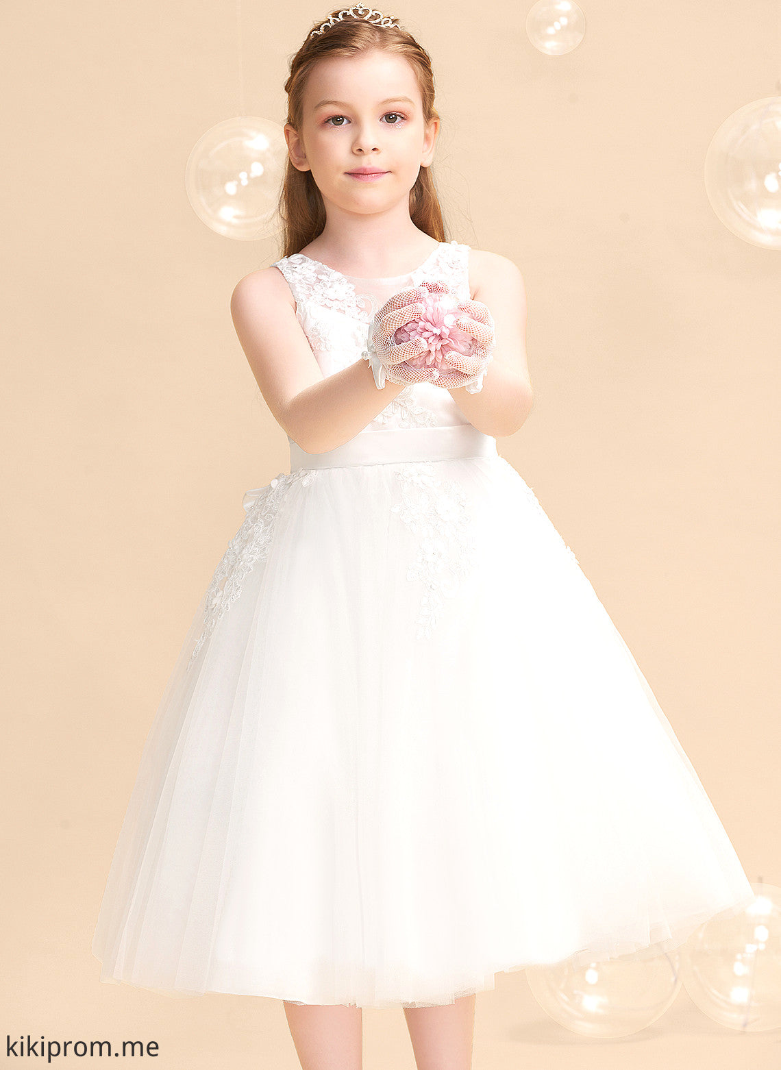 Girl With Neck Beading/Flower(s) Daniella - Tulle/Lace Scoop Tea-length Flower Girl Dresses Dress Sleeveless A-Line Flower