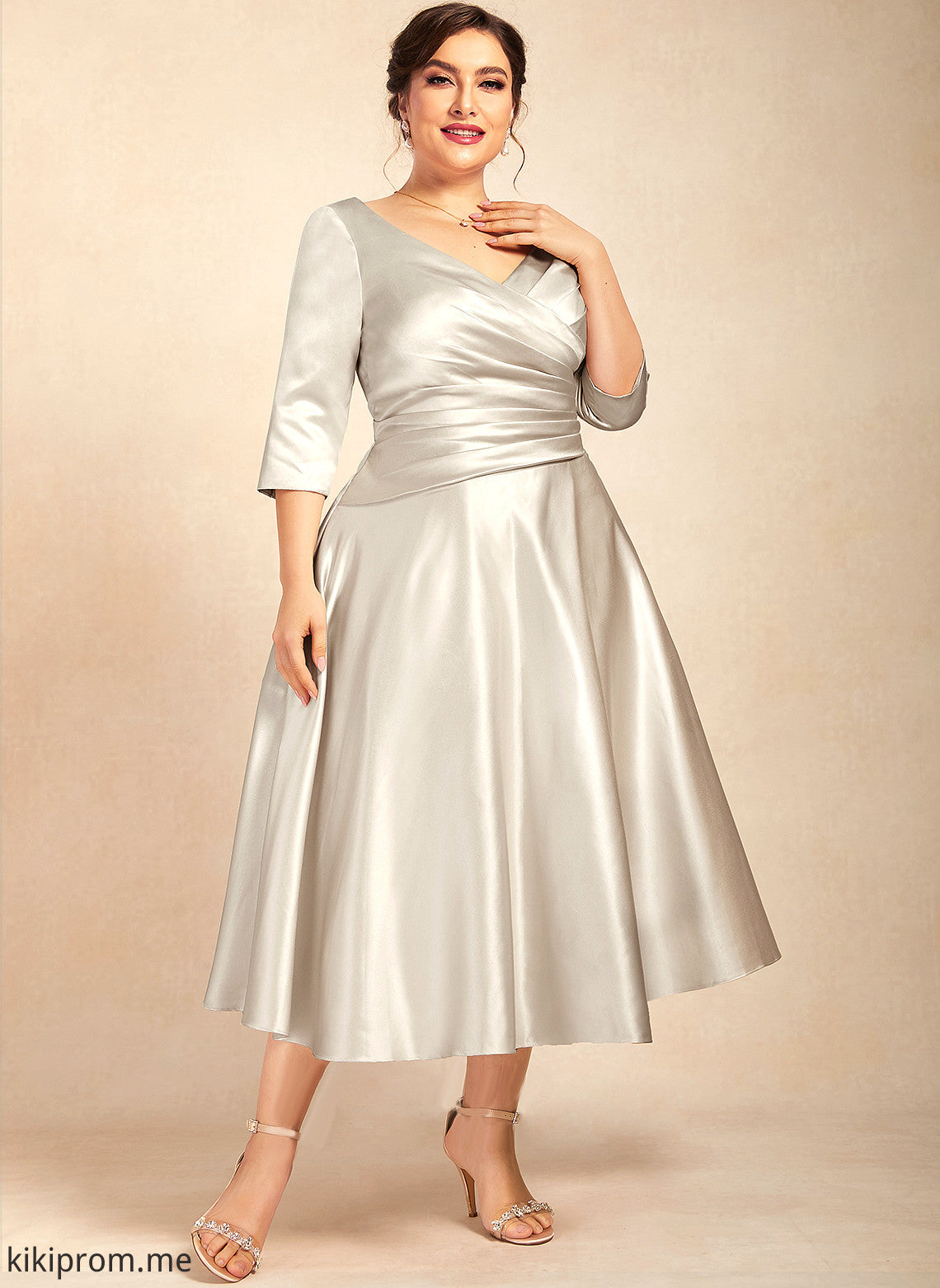 Bride Dress Ruffle A-Line Tea-Length of V-neck Mother With the Ashtyn Satin Mother of the Bride Dresses