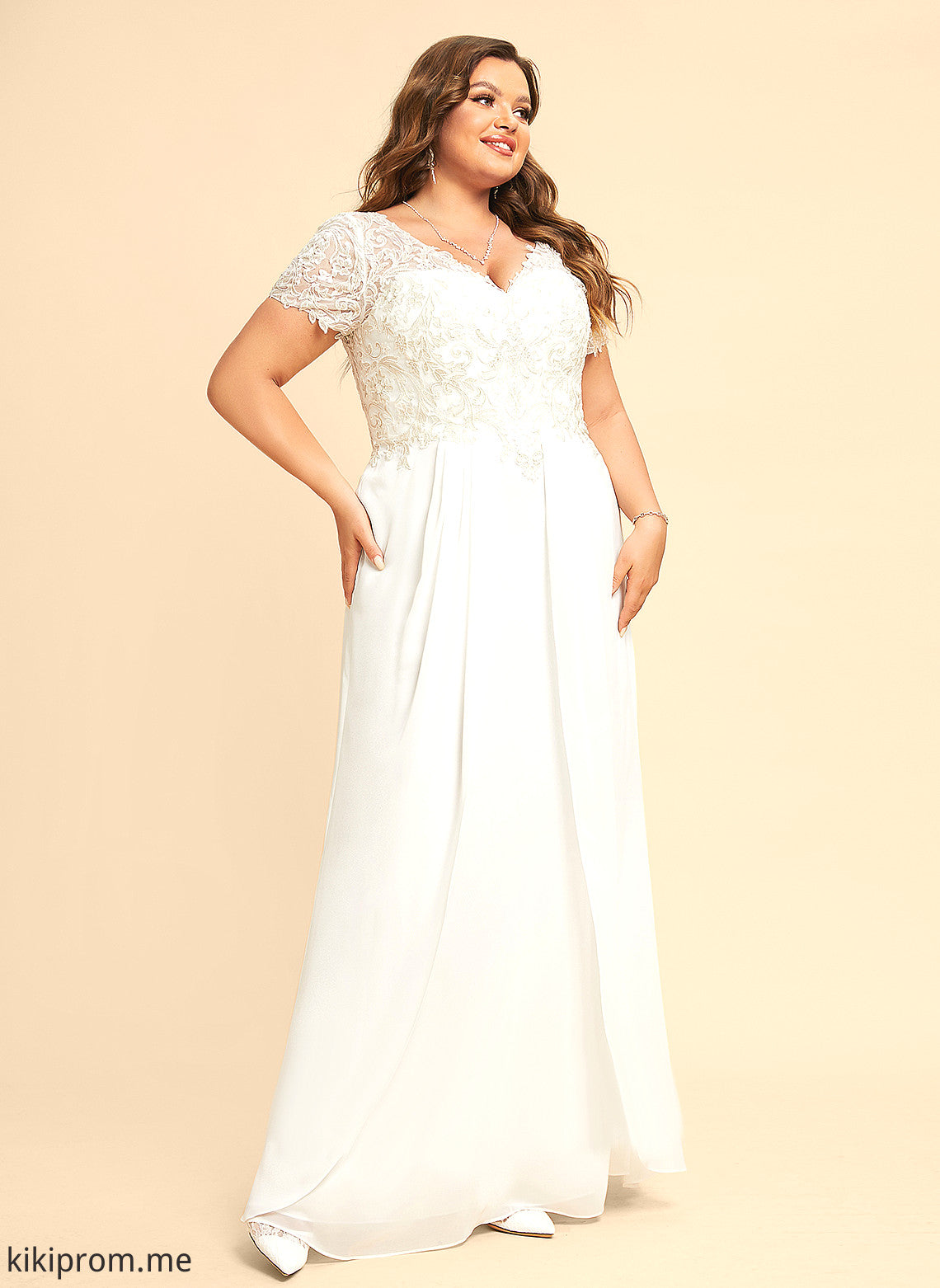 Dress Wedding V-neck With Floor-Length Wedding Dresses Chiffon Lace Ariana A-Line