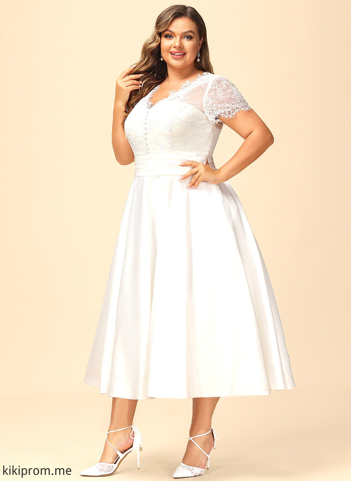 Tea-Length Wedding Dresses Lace Allison Dress Ruffle V-neck Wedding A-Line Satin Pockets With