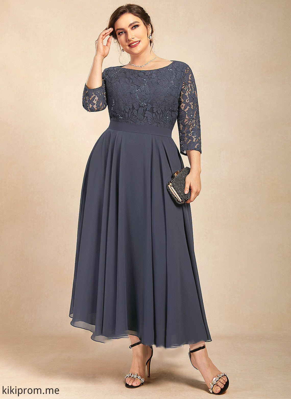 Dress Tea-Length Neck Chiffon the Mother Jessie Mother of the Bride Dresses Lace Sequins of With Scoop Bride A-Line