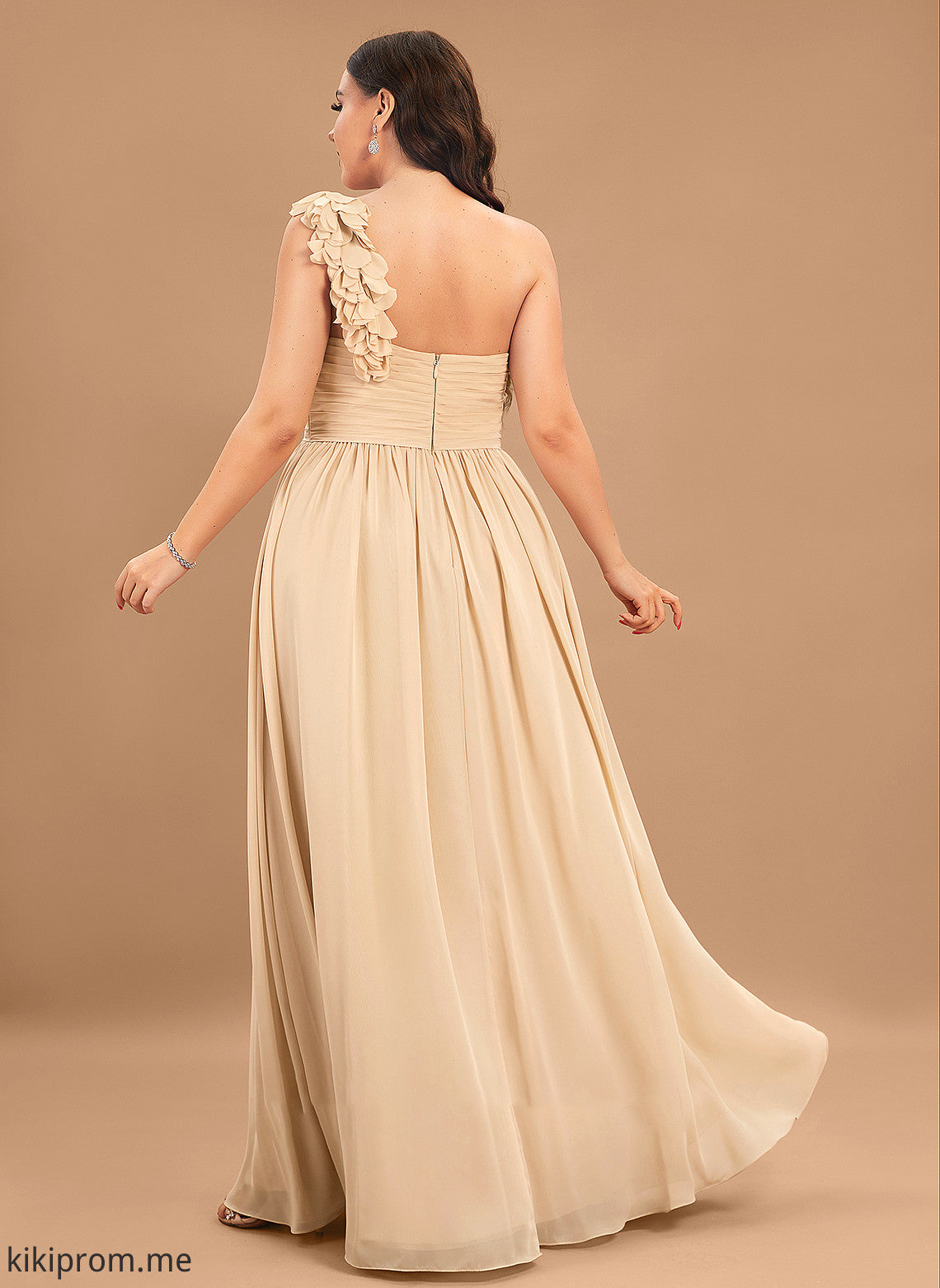 A-Line Kailey Floor-Length One-Shoulder Flower(s) Prom Dresses With Chiffon Ruffle