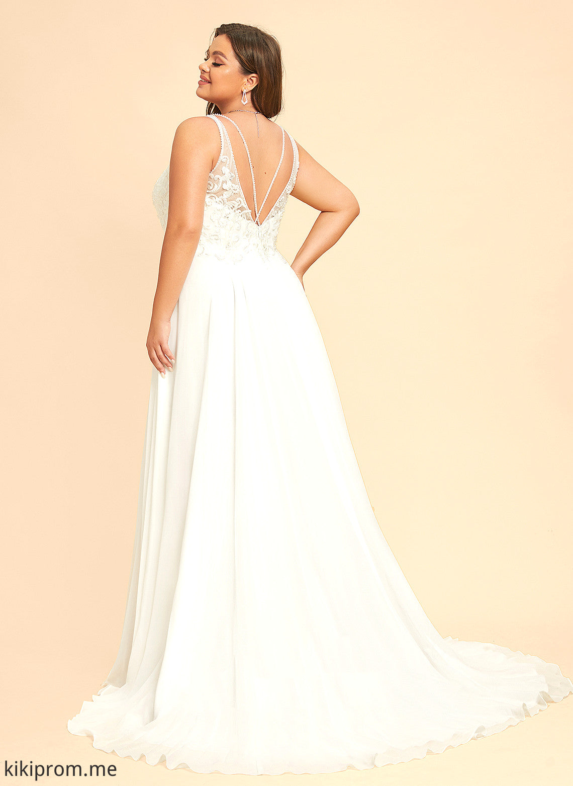 Beading Lace With Wedding Wedding Dresses Chiffon Dress Sweep A-Line Split Chelsea V-neck Front Train Sequins