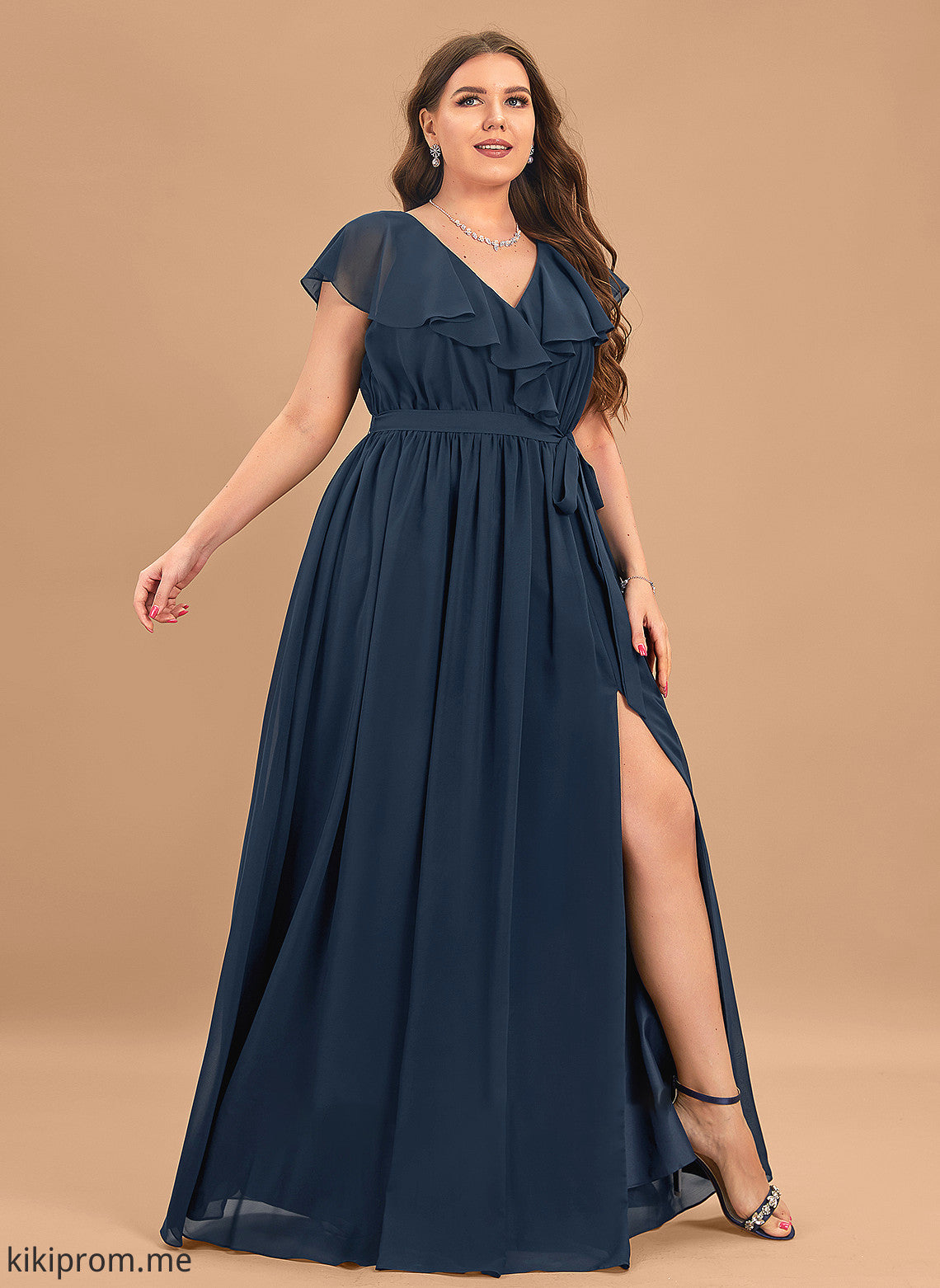 V-neck Chiffon With Split Bow(s) Floor-Length A-Line Prom Dresses Cascading Ruffles Front Sienna