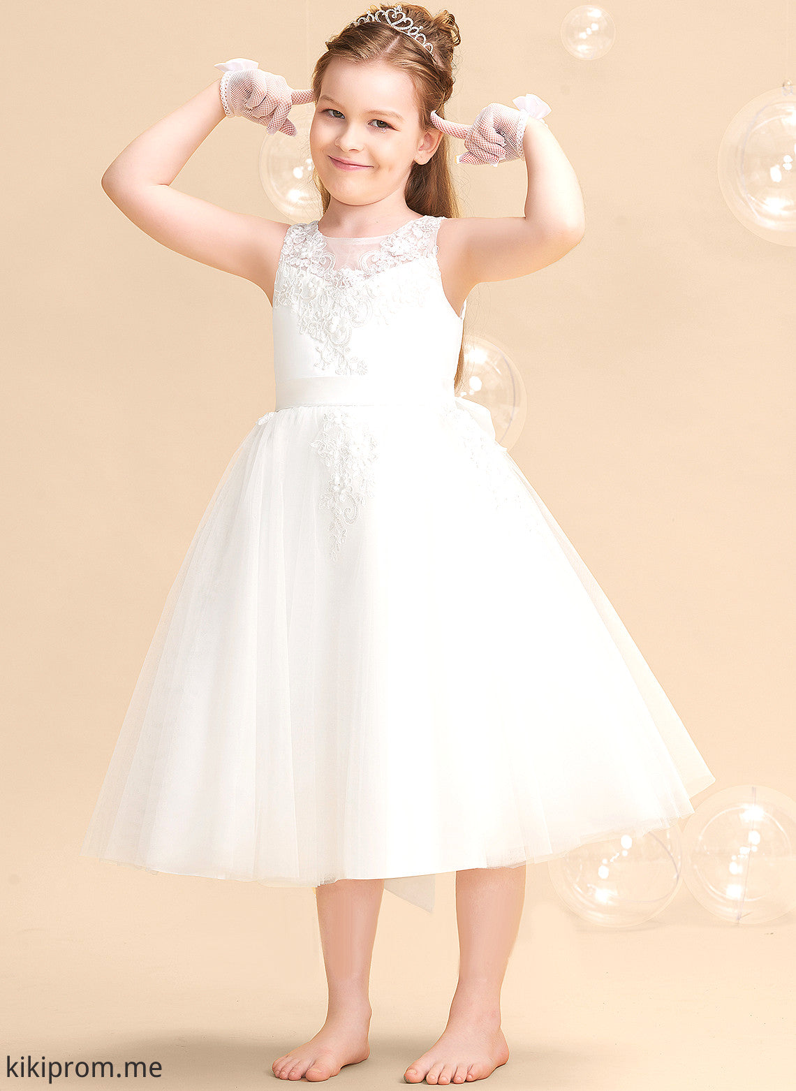 Girl With Neck Beading/Flower(s) Daniella - Tulle/Lace Scoop Tea-length Flower Girl Dresses Dress Sleeveless A-Line Flower