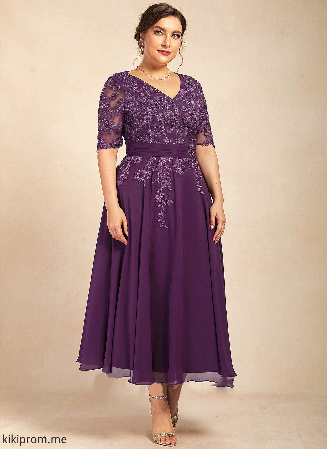 of Sequins Tea-Length V-neck Mother Mother of the Bride Dresses the Chiffon Adrienne A-Line Bride With Lace Dress