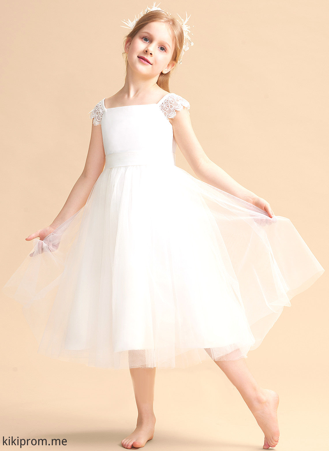 Tea-length Neckline Sleeveless Dress Flower Girl Mariah Flower Girl Dresses Square Lace/Sash - A-Line With Satin/Tulle