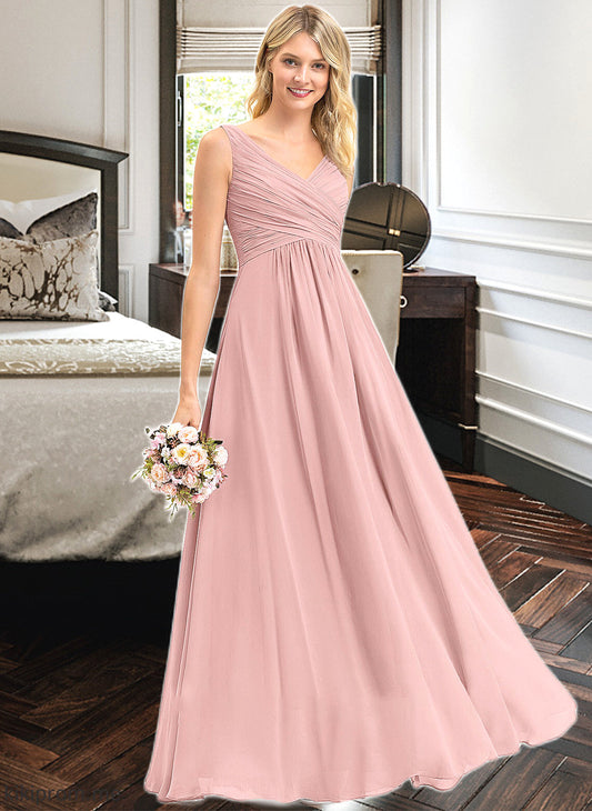 Yadira A-Line V-neck Floor-Length Chiffon Bridesmaid Dress With Ruffle STFP0012774