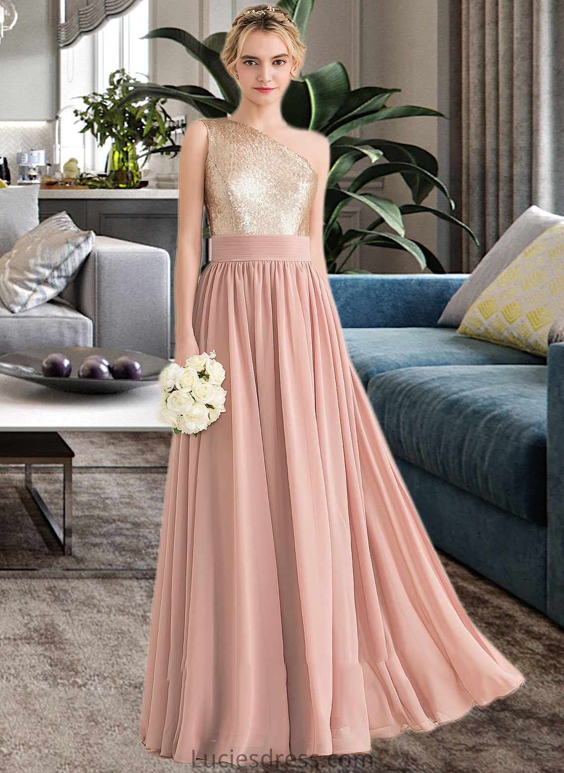 Willow A-line One Shoulder Floor-Length Chiffon Sequined Bridesmaid Dress HFP0012916