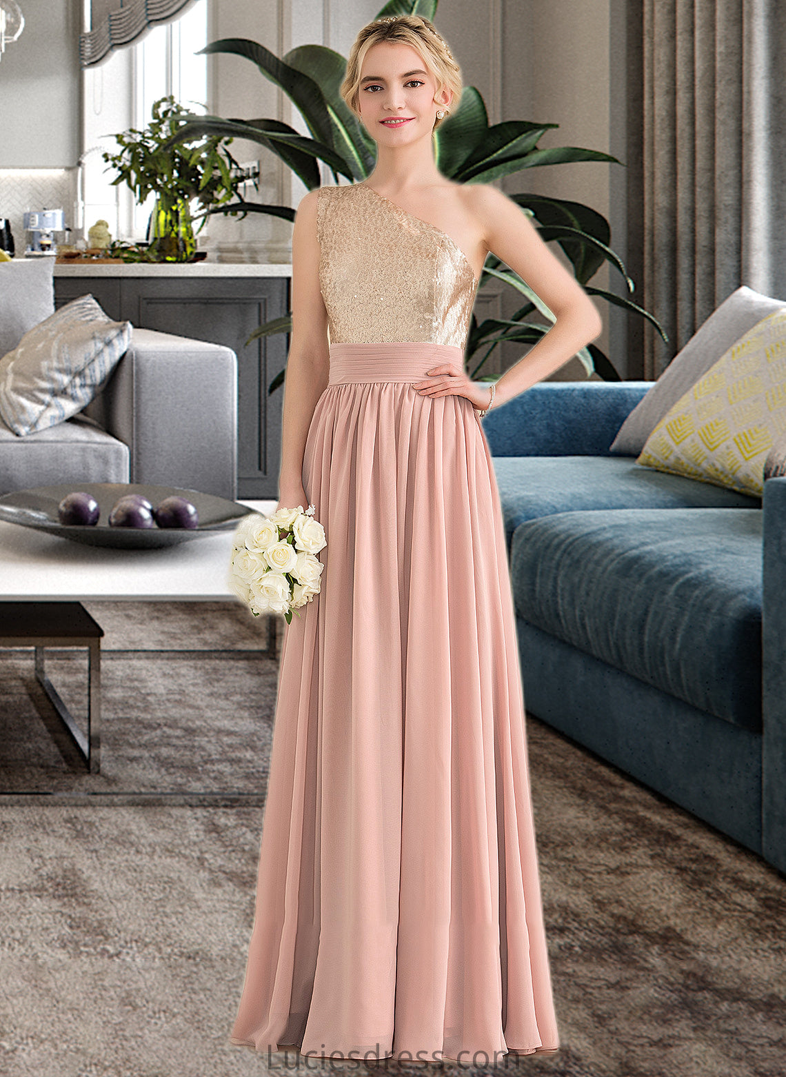 Willow A-line One Shoulder Floor-Length Chiffon Sequined Bridesmaid Dress HFP0012916