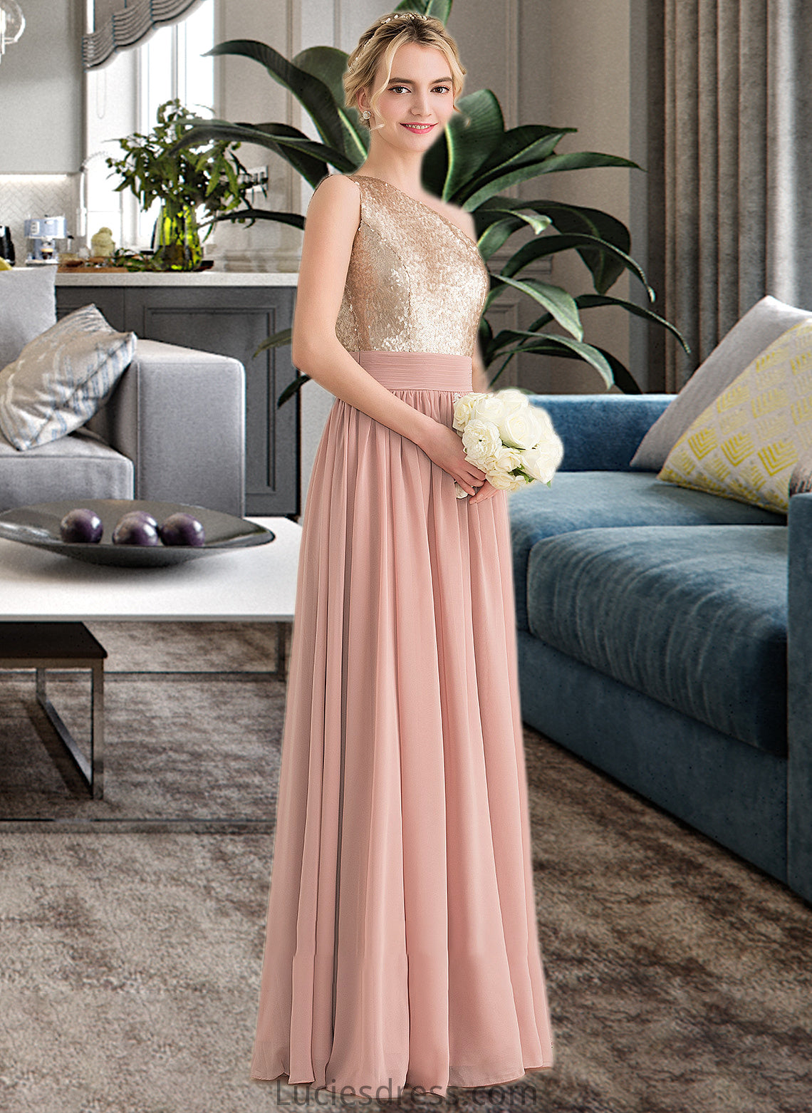 Willow A-line One Shoulder Floor-Length Chiffon Sequined Bridesmaid Dress HFP0012916