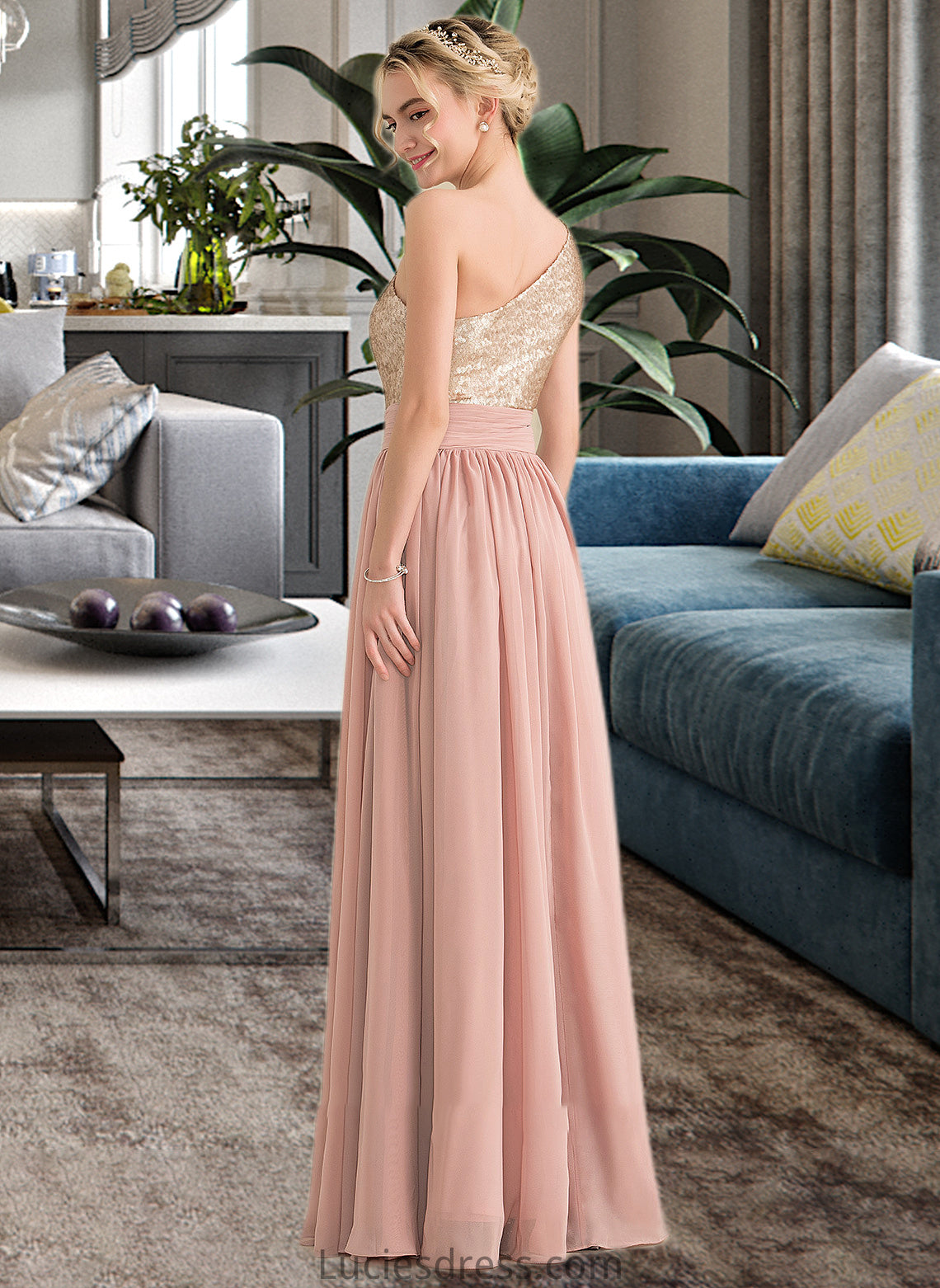 Willow A-line One Shoulder Floor-Length Chiffon Sequined Bridesmaid Dress HFP0012916