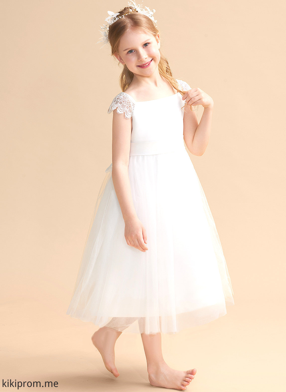 Tea-length Neckline Sleeveless Dress Flower Girl Mariah Flower Girl Dresses Square Lace/Sash - A-Line With Satin/Tulle