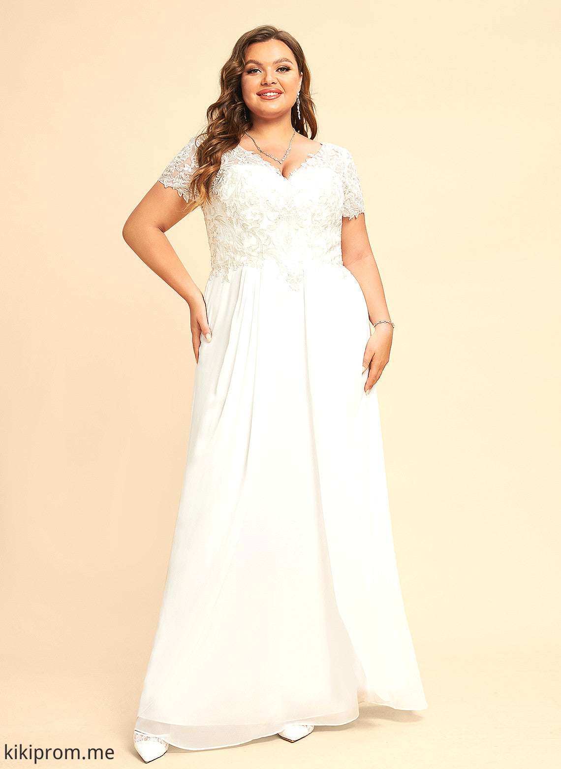 Dress Wedding V-neck With Floor-Length Wedding Dresses Chiffon Lace Ariana A-Line