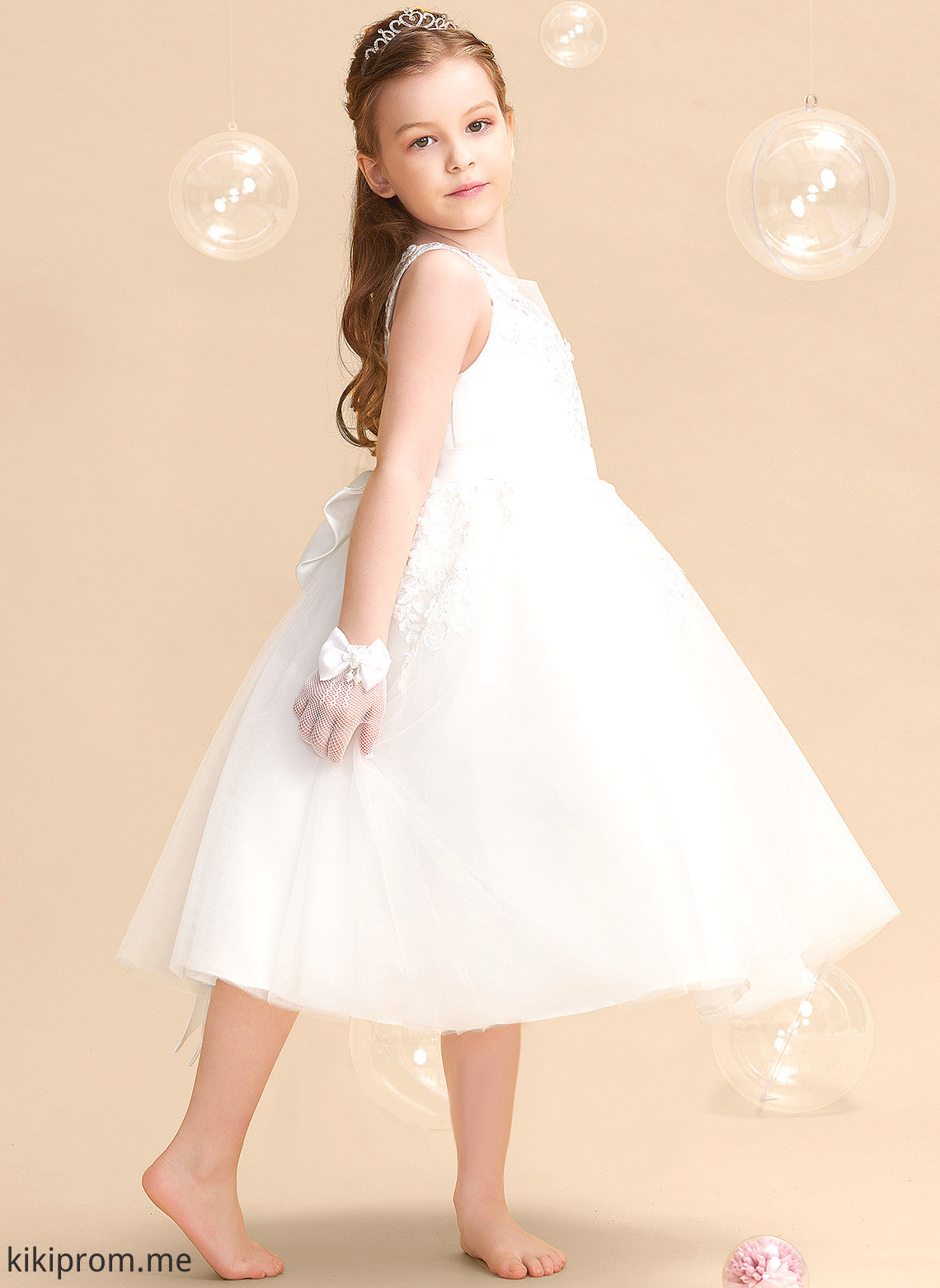 Girl With Neck Beading/Flower(s) Daniella - Tulle/Lace Scoop Tea-length Flower Girl Dresses Dress Sleeveless A-Line Flower