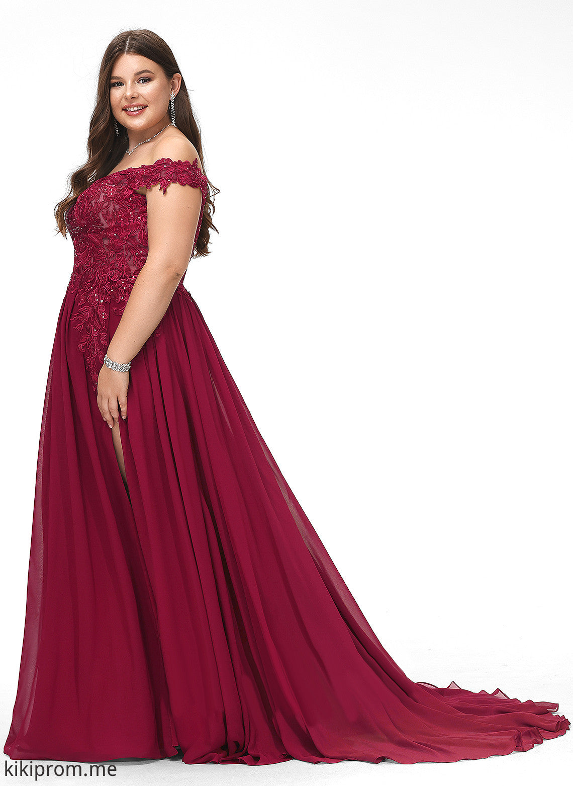 With Lace Off-the-Shoulder Sophia Sweep Chiffon Sequins A-Line Train Prom Dresses