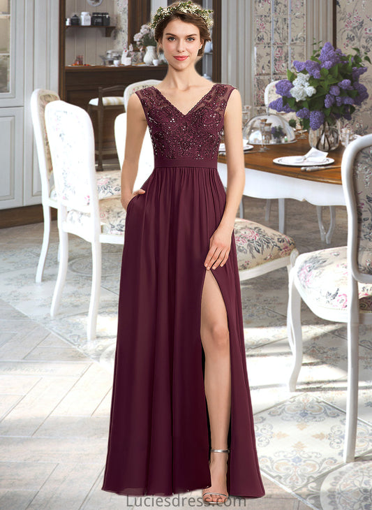 Ximena A-Line V-neck Floor-Length Chiffon Lace Bridesmaid Dress With Beading Sequins Split Front Pockets HFP0013168