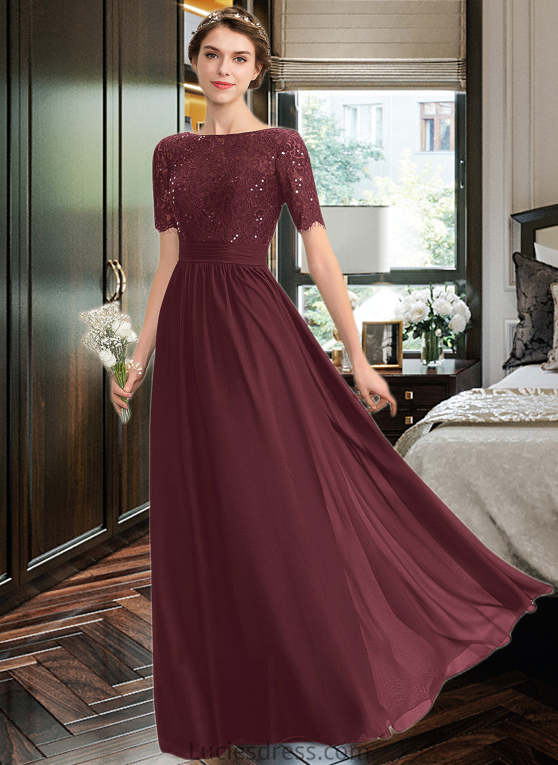 Chelsea A-Line Scoop Neck Floor-Length Chiffon Lace Bridesmaid Dress With Sequins HFP0013207