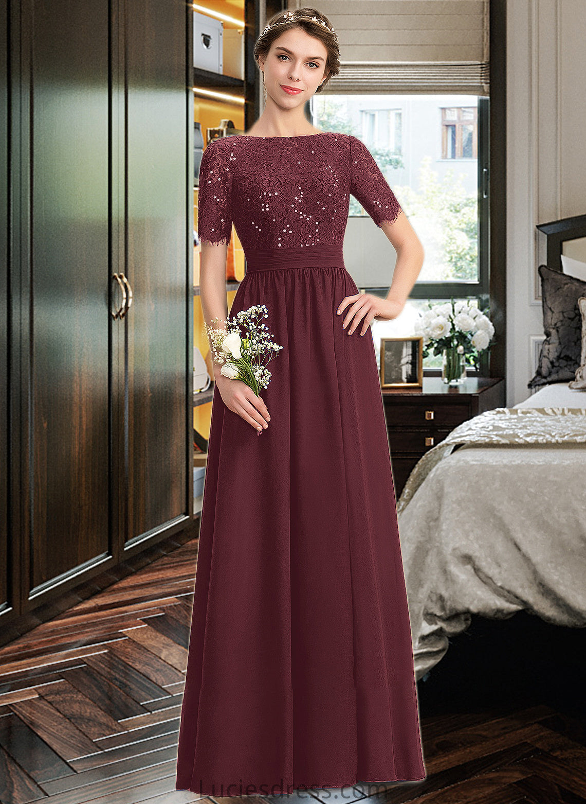 Chelsea A-Line Scoop Neck Floor-Length Chiffon Lace Bridesmaid Dress With Sequins HFP0013207