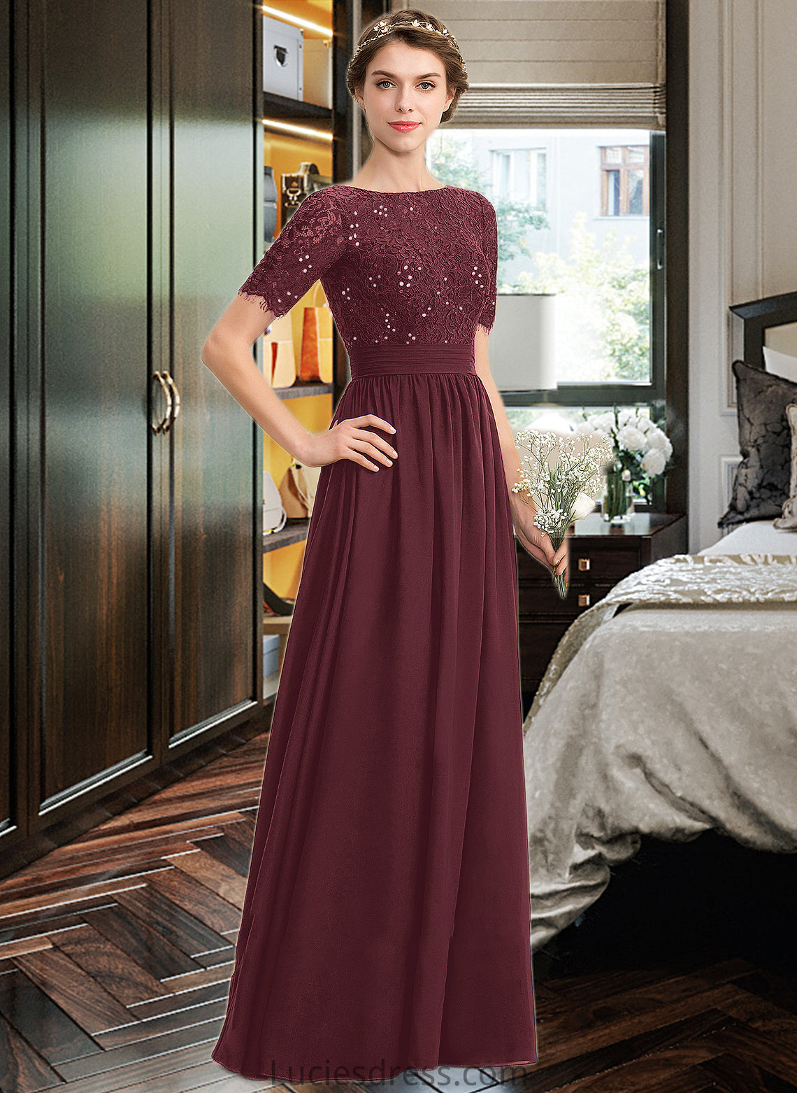 Chelsea A-Line Scoop Neck Floor-Length Chiffon Lace Bridesmaid Dress With Sequins HFP0013207