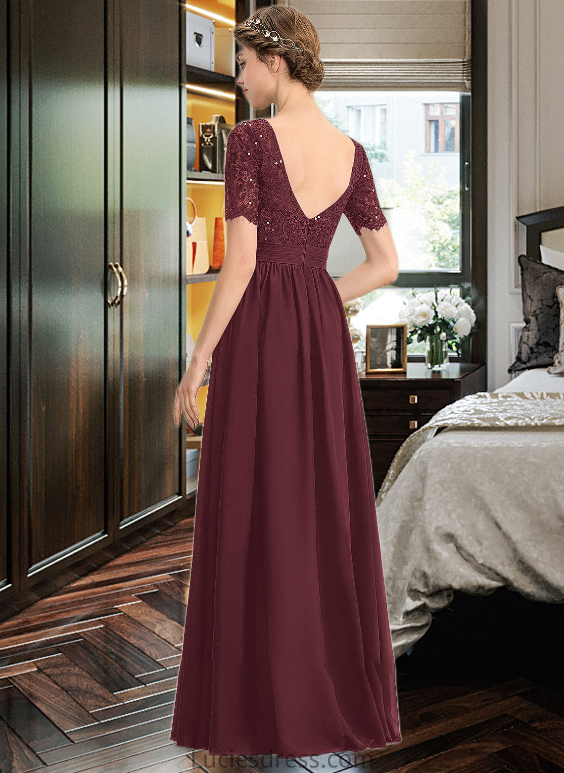 Chelsea A-Line Scoop Neck Floor-Length Chiffon Lace Bridesmaid Dress With Sequins HFP0013207