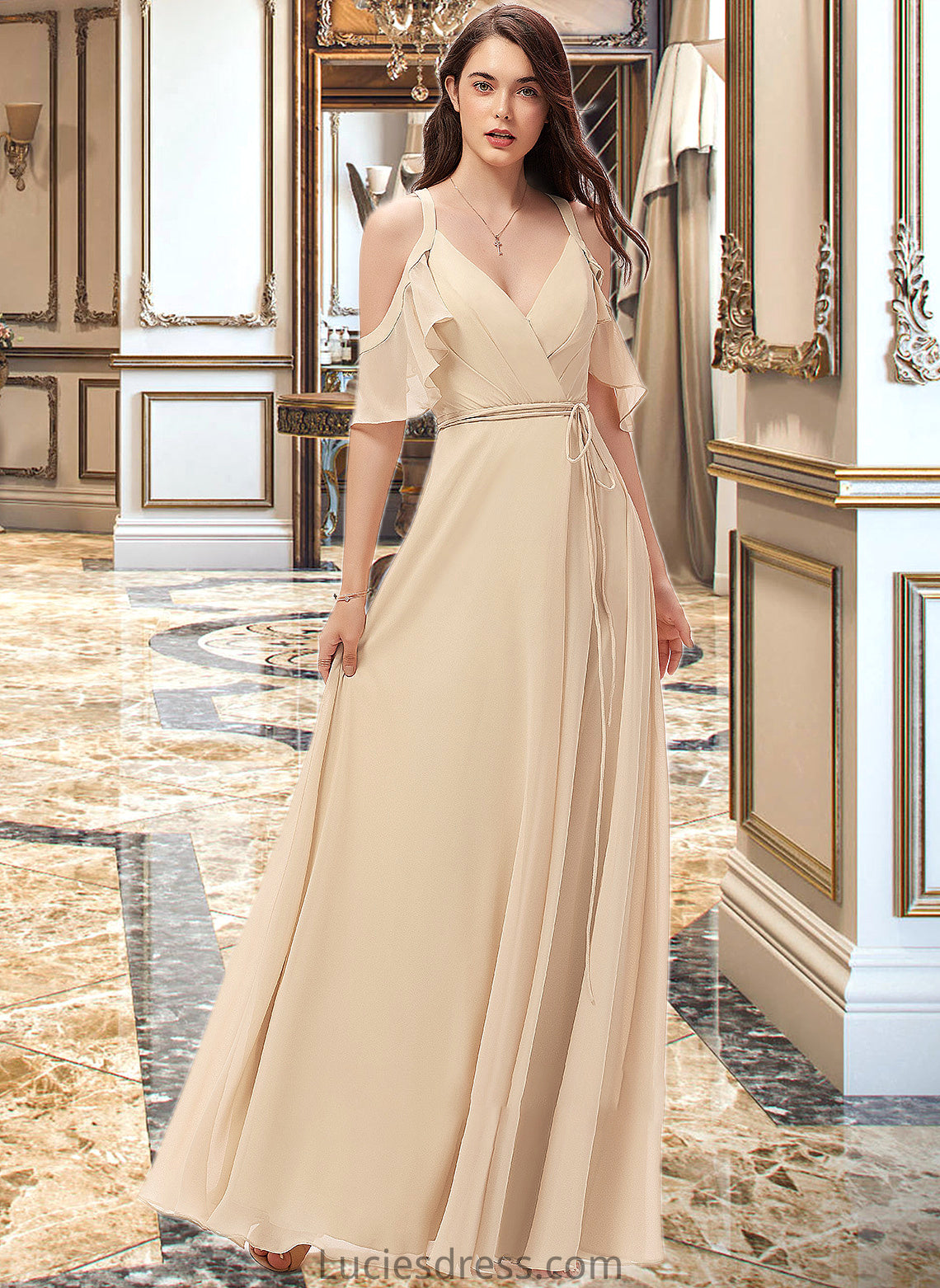 Willa A-Line V-neck Floor-Length Chiffon Bridesmaid Dress With Ruffle Split Front HFP0013267