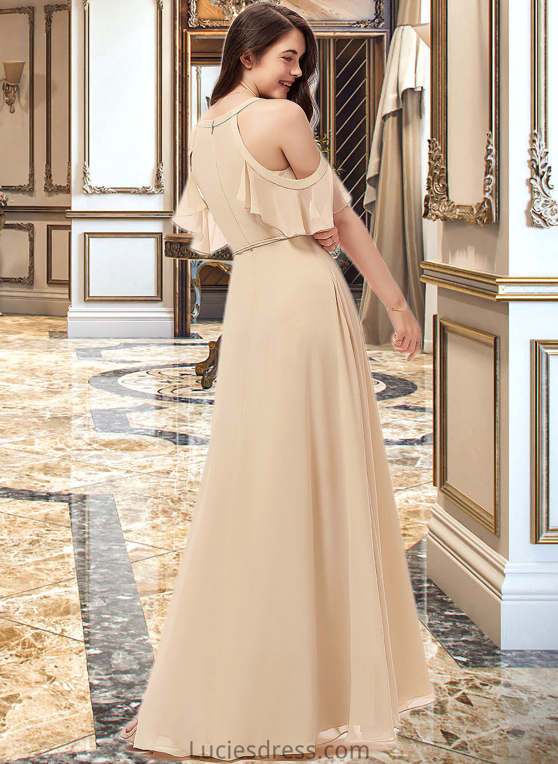 Willa A-Line V-neck Floor-Length Chiffon Bridesmaid Dress With Ruffle Split Front HFP0013267