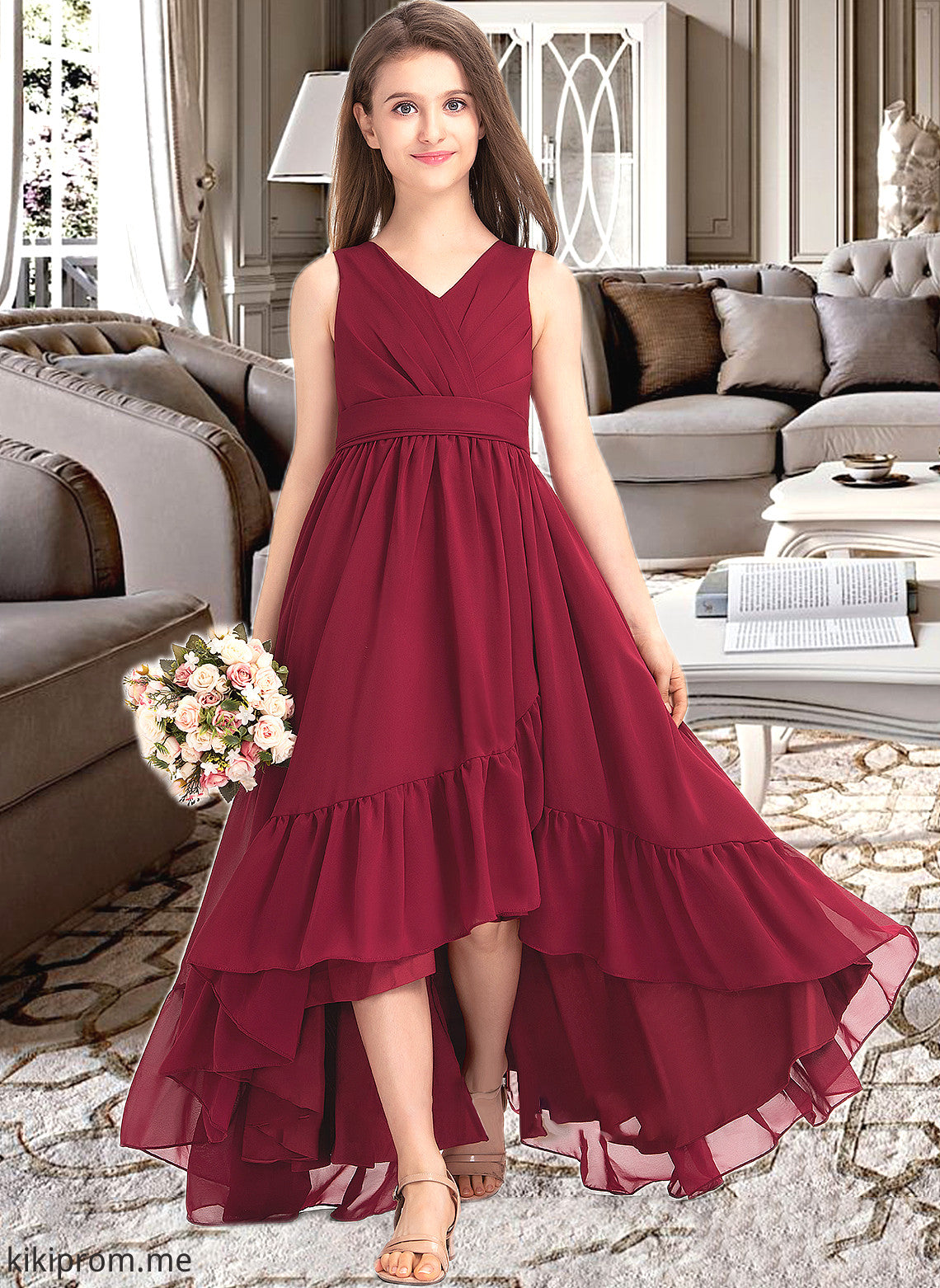 Denisse A-Line V-neck Asymmetrical Chiffon Junior Bridesmaid Dress With Bow(s) Cascading Ruffles STFP0013310