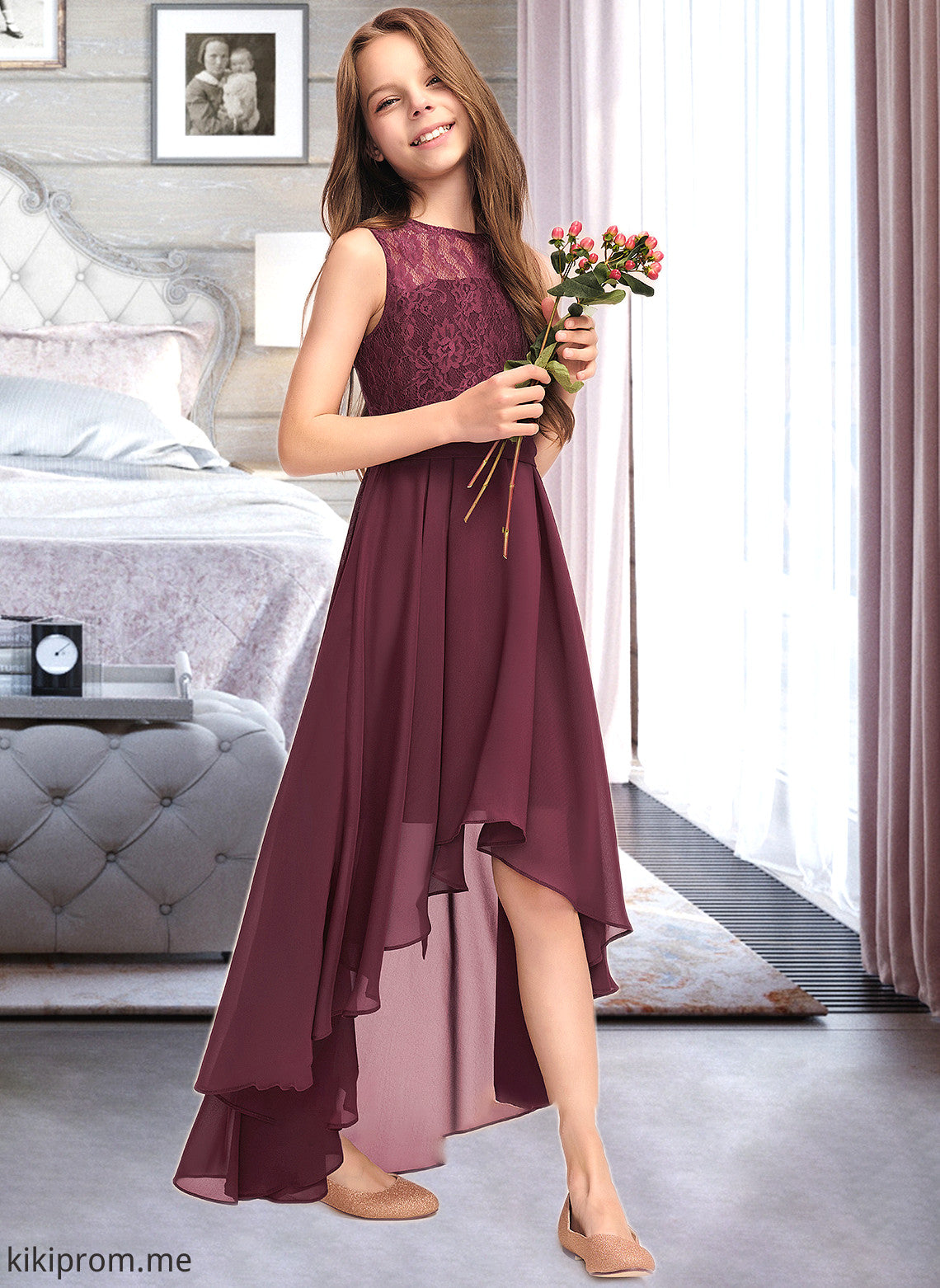 Tamara A-Line Scoop Neck Asymmetrical Chiffon Lace Junior Bridesmaid Dress With Bow(s) STFP0013312