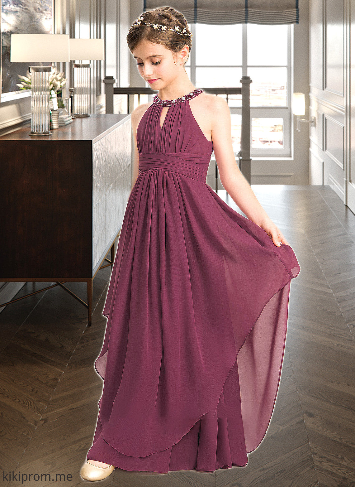 Carla A-Line Scoop Neck Floor-Length Chiffon Junior Bridesmaid Dress With Ruffle Beading STFP0013313