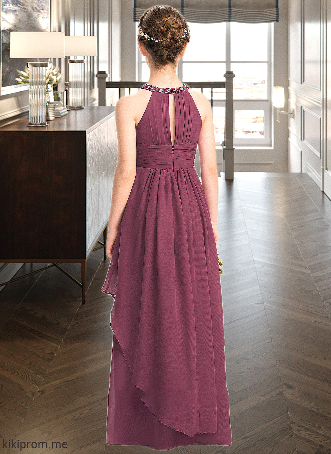 Carla A-Line Scoop Neck Floor-Length Chiffon Junior Bridesmaid Dress With Ruffle Beading STFP0013313