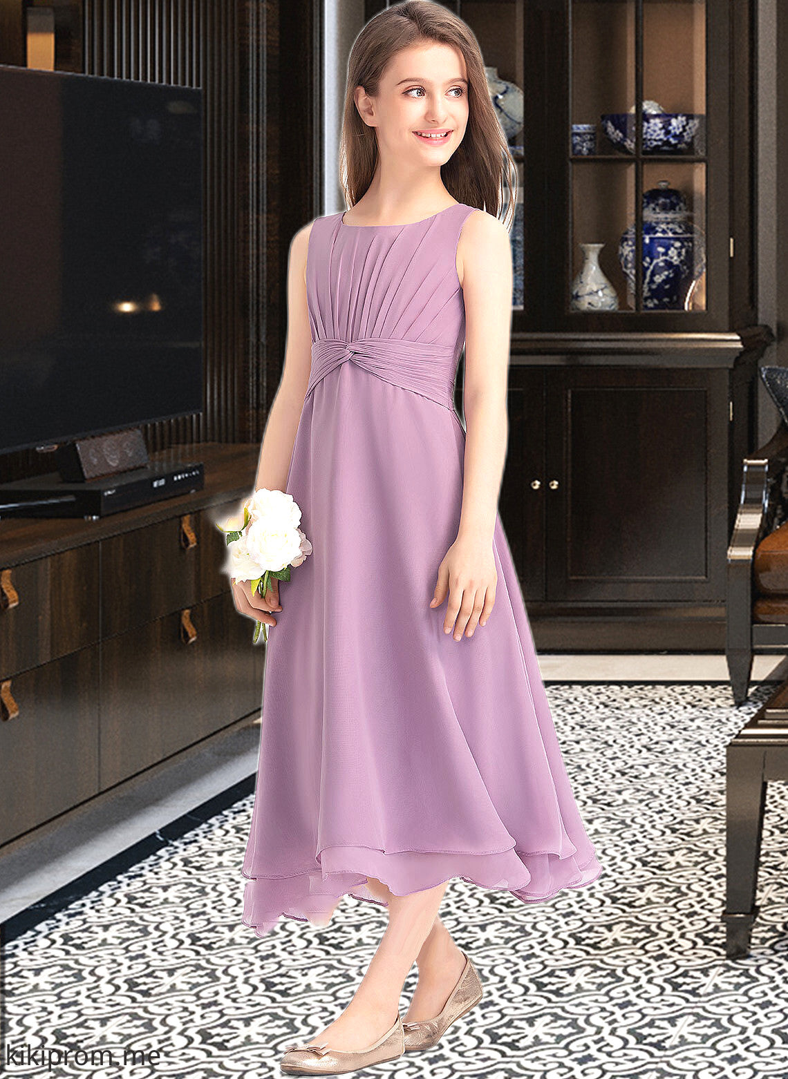 Karley A-Line Scoop Neck Tea-Length Chiffon Junior Bridesmaid Dress With Ruffle STFP0013317