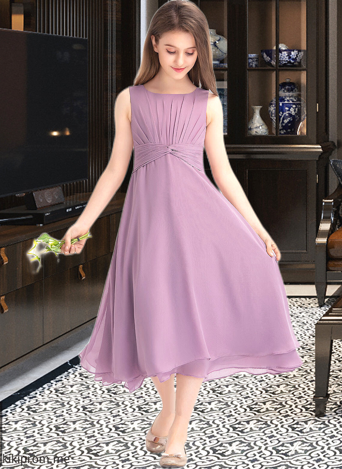 Karley A-Line Scoop Neck Tea-Length Chiffon Junior Bridesmaid Dress With Ruffle STFP0013317