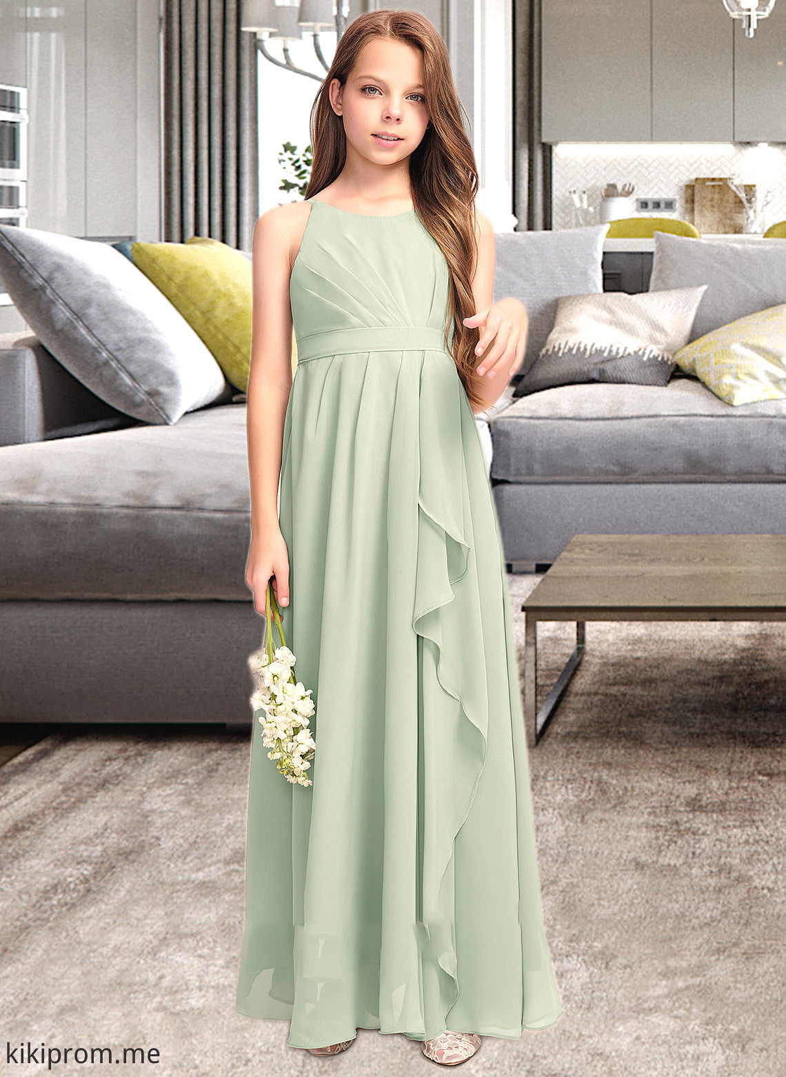 Leila A-Line Scoop Neck Floor-Length Chiffon Junior Bridesmaid Dress With Cascading Ruffles STFP0013318