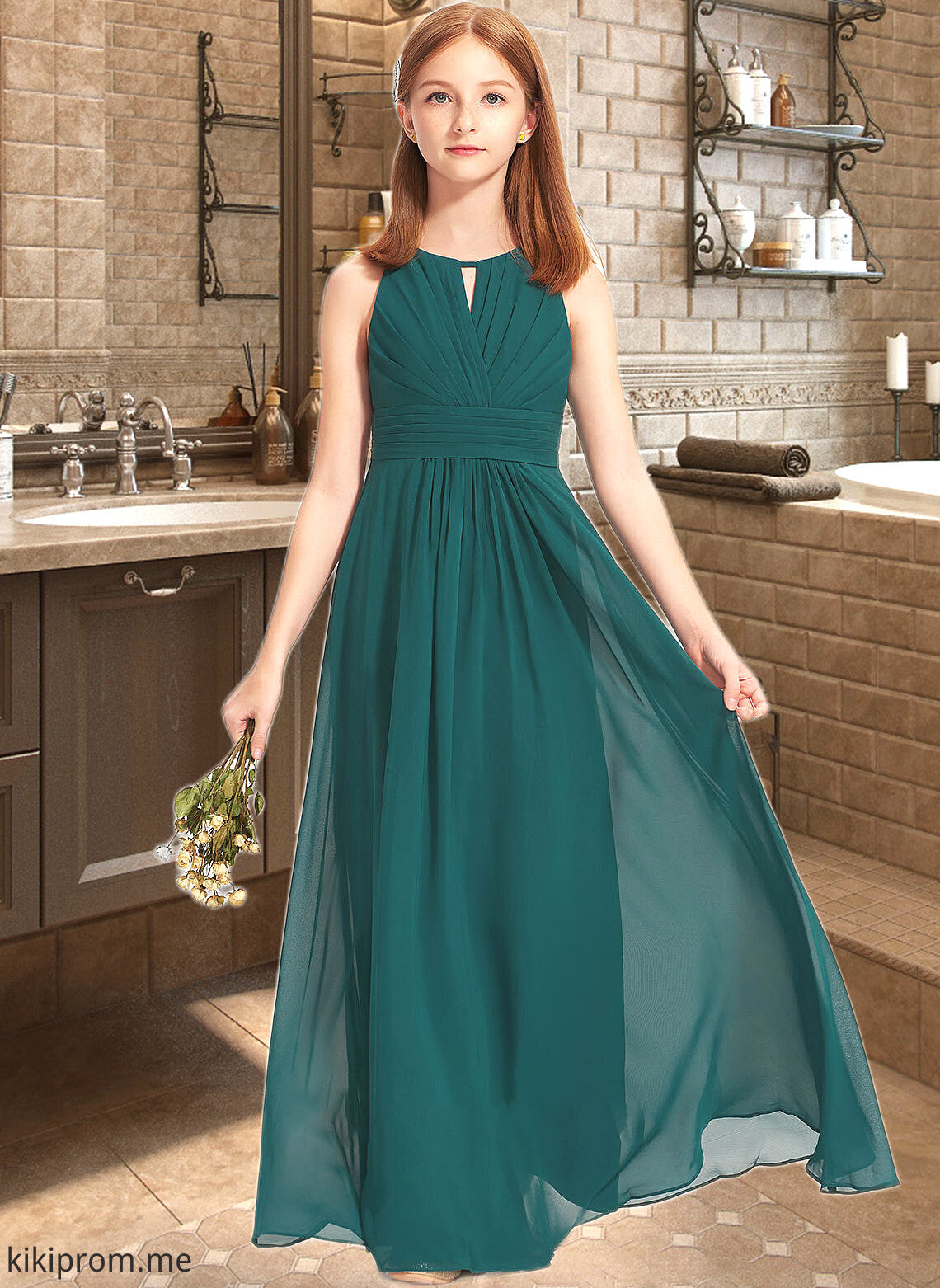 Tina A-Line Scoop Neck Floor-Length Chiffon Junior Bridesmaid Dress With Ruffle STFP0013320