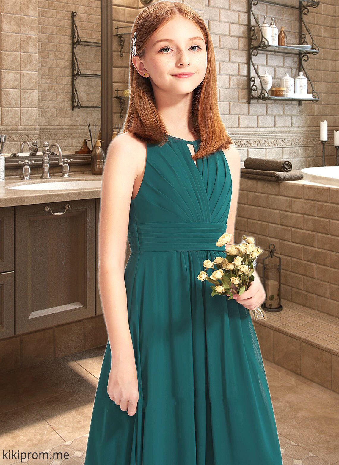 Tina A-Line Scoop Neck Floor-Length Chiffon Junior Bridesmaid Dress With Ruffle STFP0013320