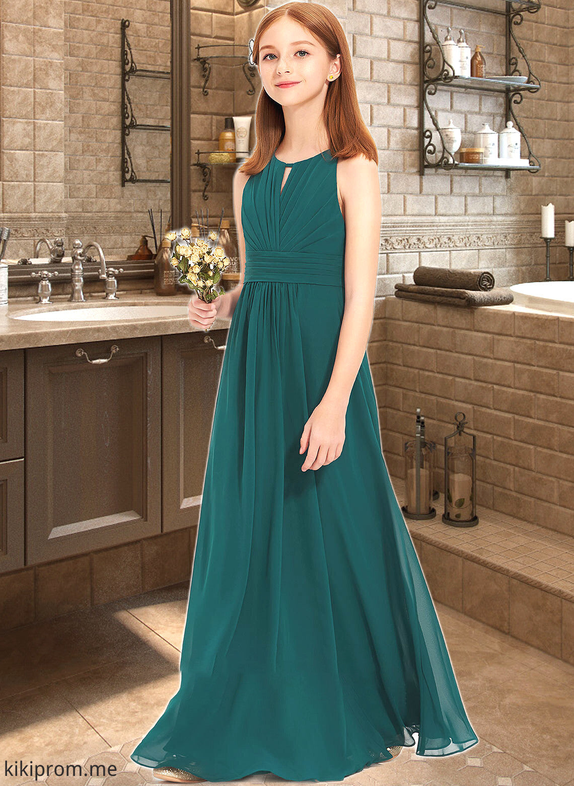 Tina A-Line Scoop Neck Floor-Length Chiffon Junior Bridesmaid Dress With Ruffle STFP0013320