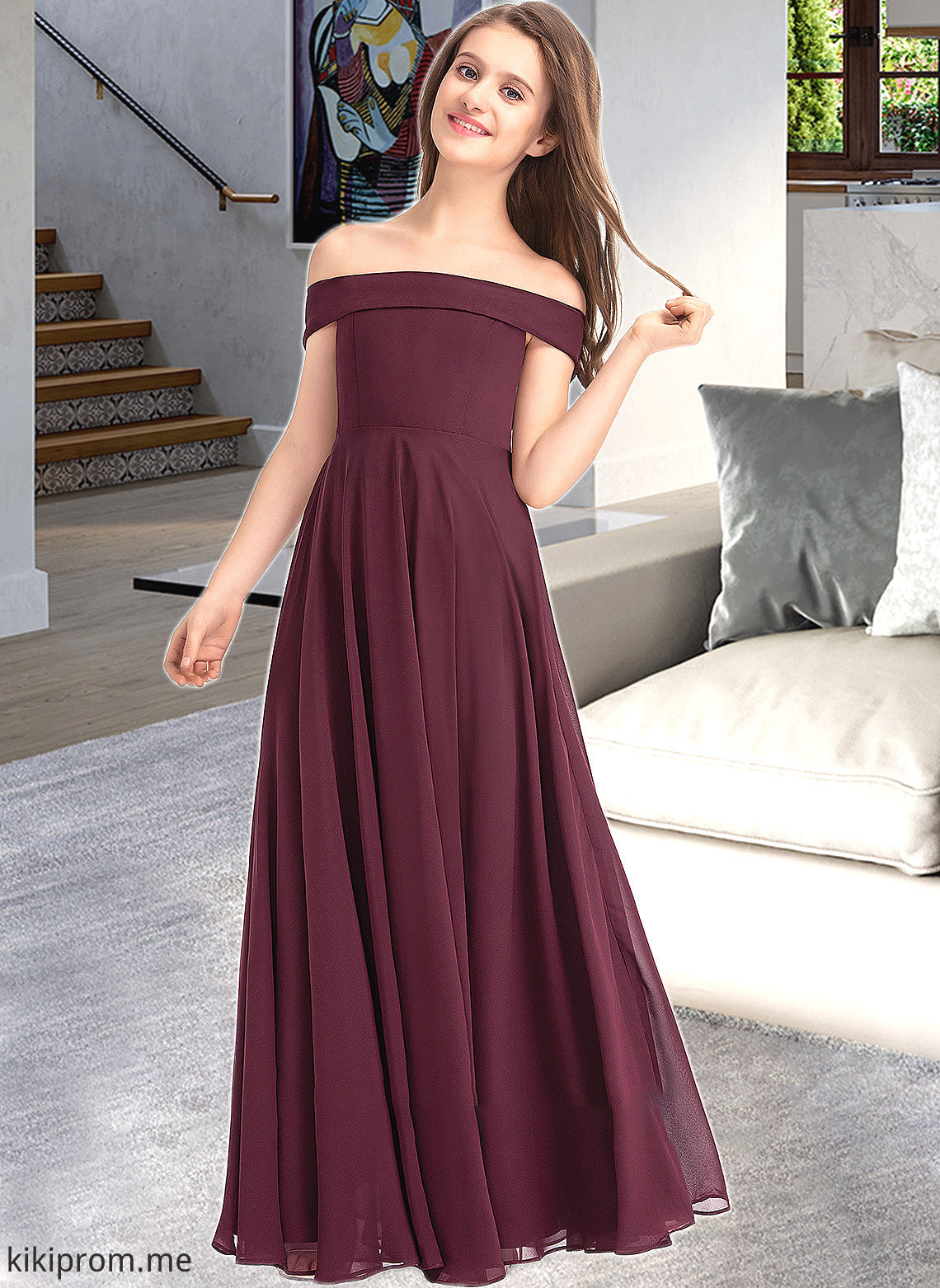 Elizabeth A-Line Off-the-Shoulder Floor-Length Chiffon Junior Bridesmaid Dress STFP0013323