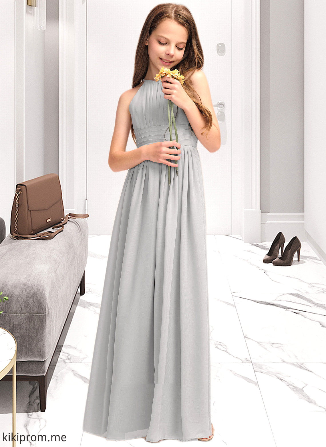 Vivian A-Line Scoop Neck Floor-Length Chiffon Junior Bridesmaid Dress With Ruffle STFP0013325