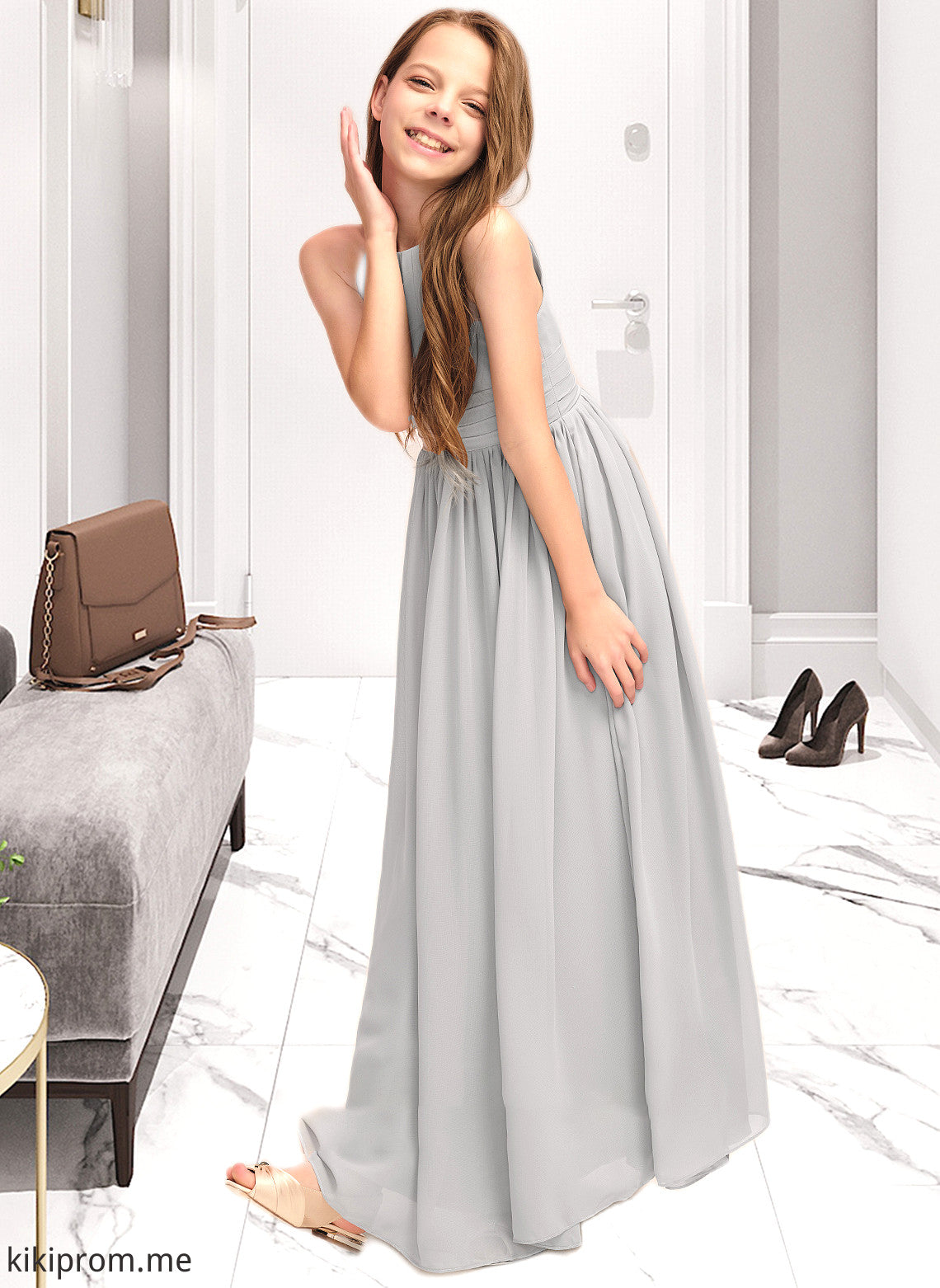 Vivian A-Line Scoop Neck Floor-Length Chiffon Junior Bridesmaid Dress With Ruffle STFP0013325