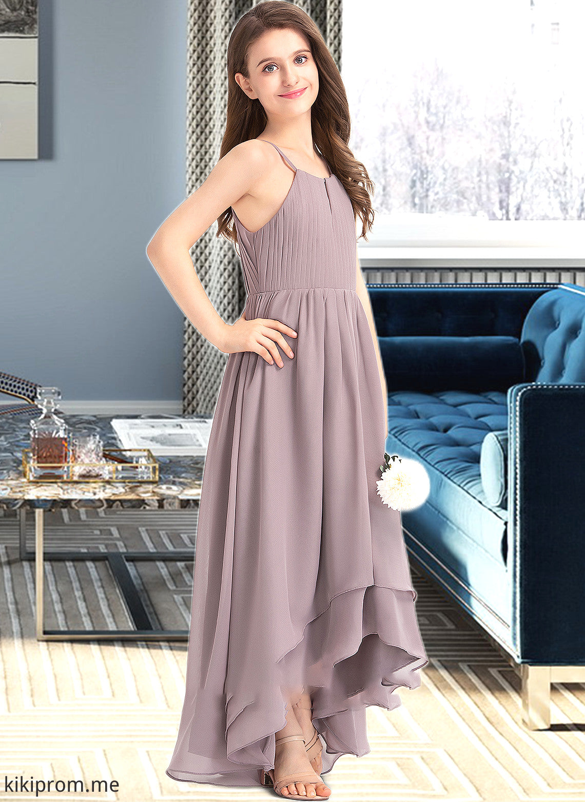 Ariel A-Line Scoop Neck Asymmetrical Chiffon Junior Bridesmaid Dress With Ruffle Bow(s) STFP0013326